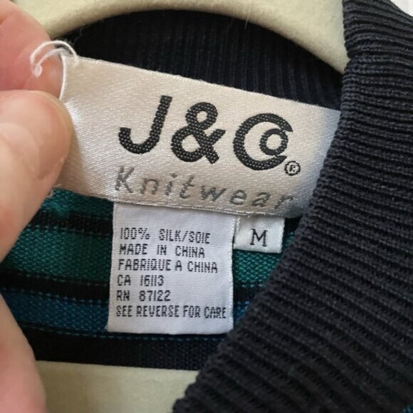 Vintage J  CO Silk Top Womens M Stripes 90s Mock Neck Short Sleeve Knit Silk - Picture 2 of 7